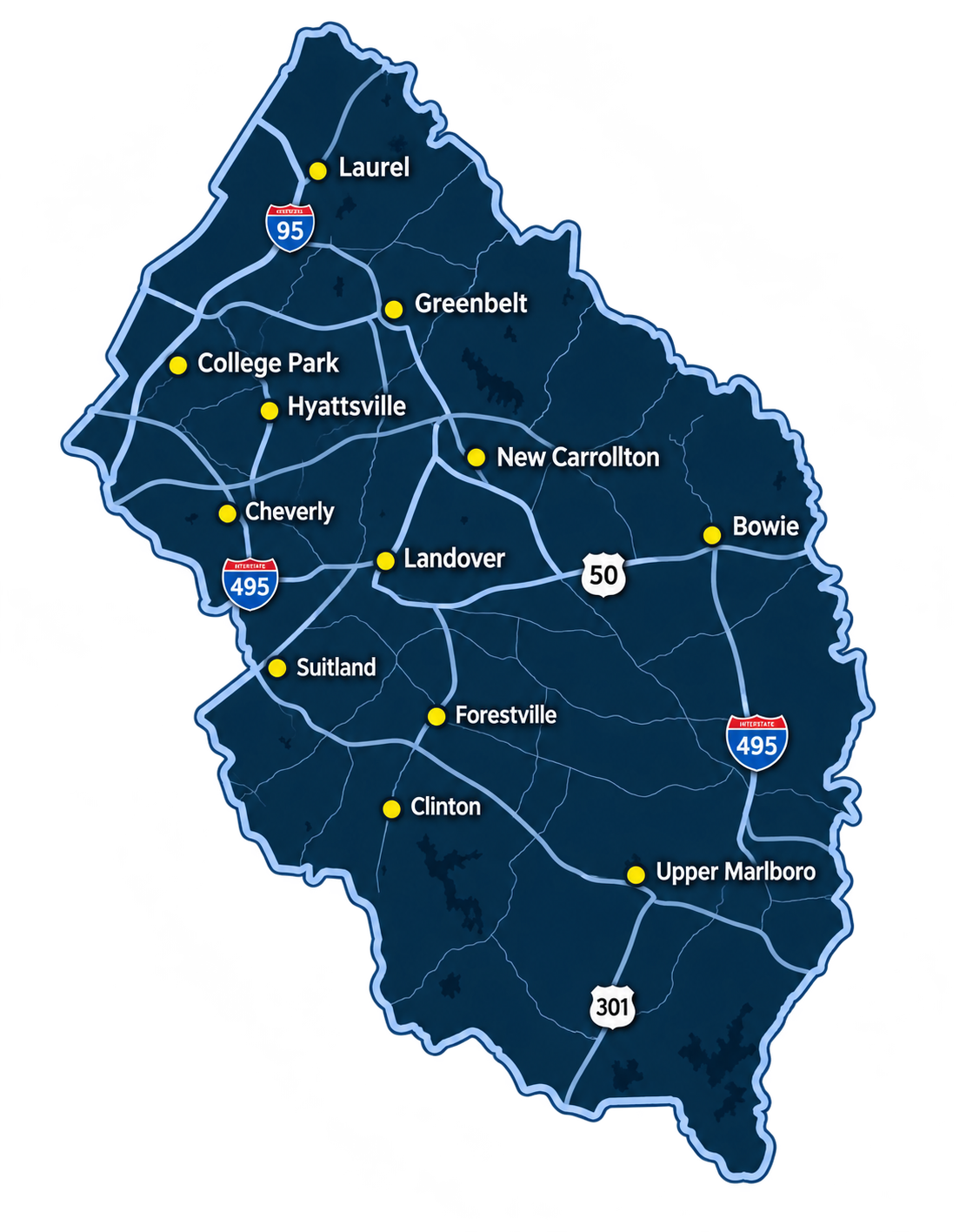 Map of Prince George's County, Maryland showing cities served including Bowie, Laurel, Greenbelt, College Park, Hyattsville, Suitland, Clinton and Upper Marlboro